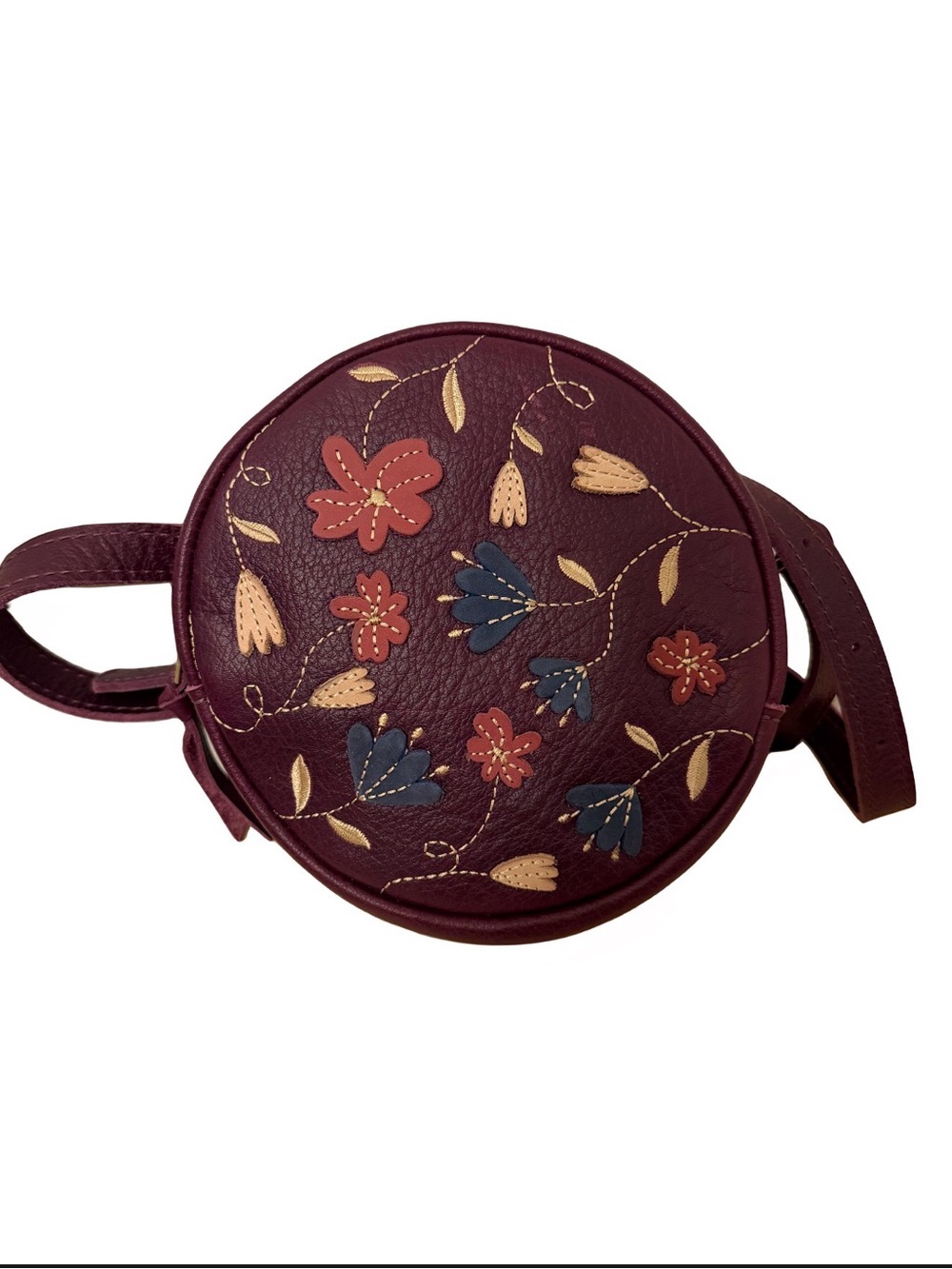 Portland Leather Burgundy Round Crossbody w/Multicolor Floral Appliqué